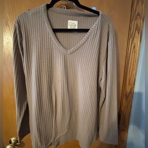 Chaser Top Neutral Brown Thermal Waffle Knit Long Sleeve V-neck Pullover XL